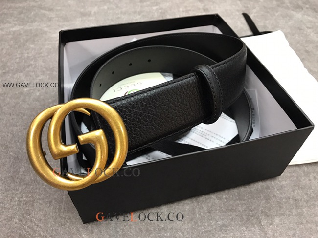 Gucci '70 Black Leather Belt Interlocking Brass G Buckle